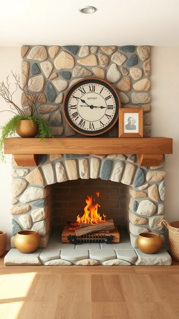 A cozy farmhouse living room with a stone fireplace, wooden mantel, clock, and decorative items.