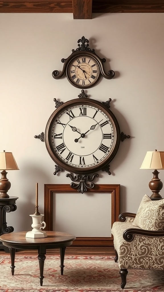 Vintage-inspired wall clock display with two clocks, one large and one small, above a cozy seating area.