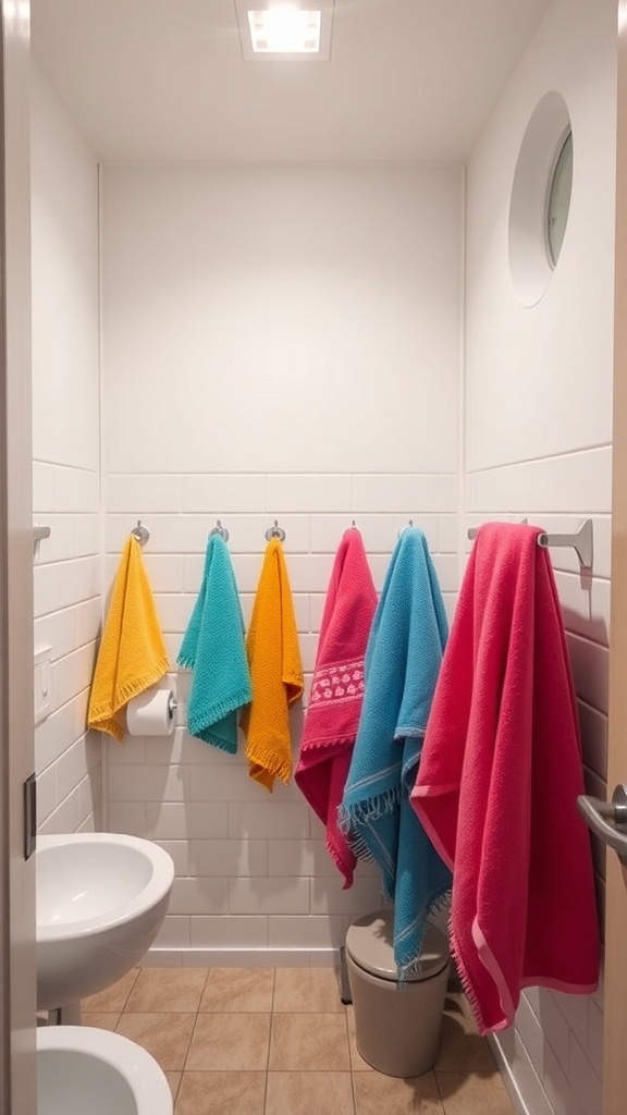 A small bathroom with colorful towels hanging on hooks, featuring bright pink, blue, yellow, and turquoise colors.