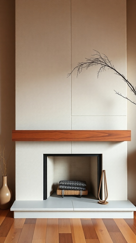 A mid-century modern fireplace with a textured wall treatment and wooden mantel.