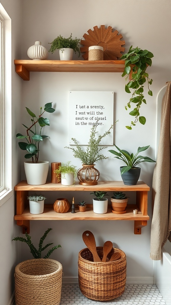 Rustic wood shelves in a bathroom decorated with various plants and decorative items.