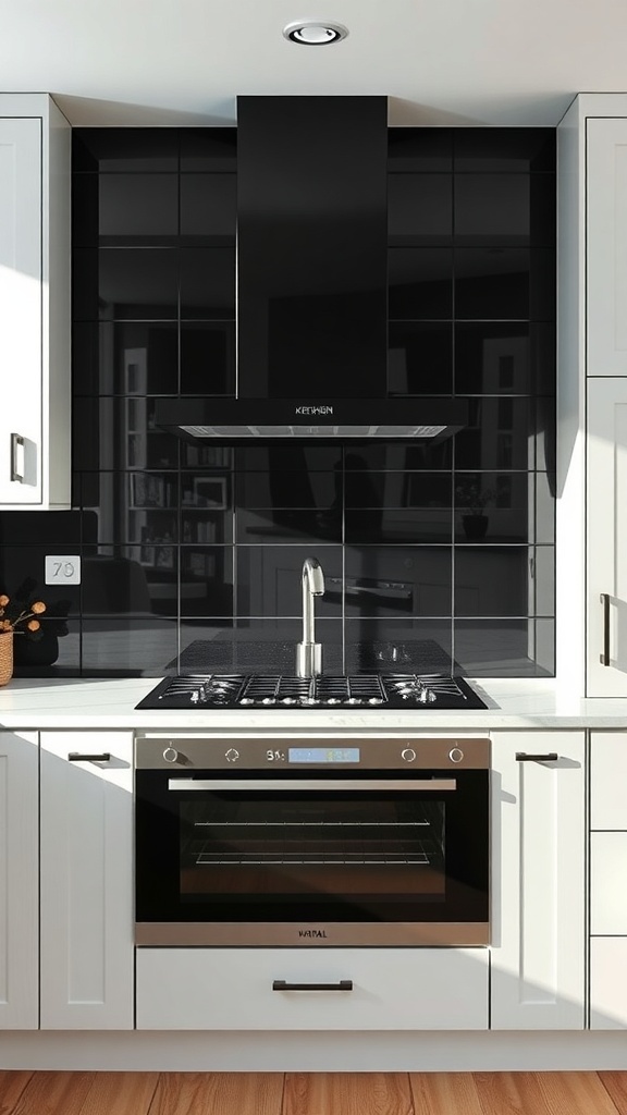 A modern kitchen featuring black glass panels as a backsplash, white cabinets, and a black countertop.