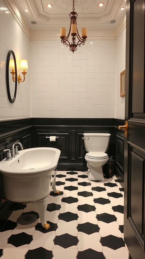 A stylish black and white bathroom featuring a unique patterned floor, clawfoot tub, and elegant lighting.