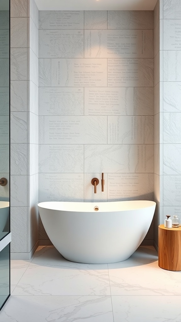 A modern bathroom featuring textured wall panels, a white bathtub, and stylish fixtures.