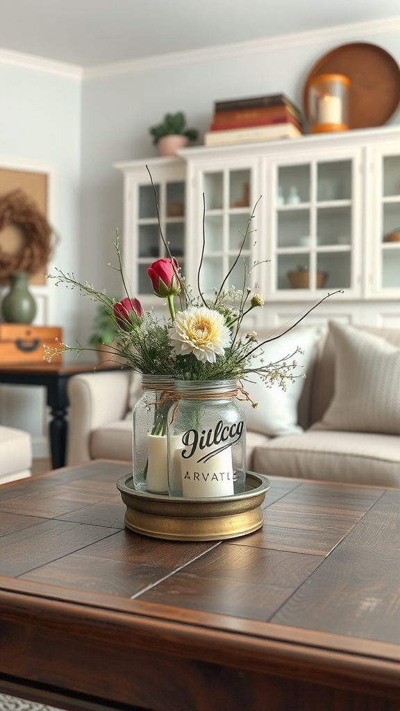 A vintage mason jar centerpiece with flowers and a candle on a wooden table in a farmhouse living room.