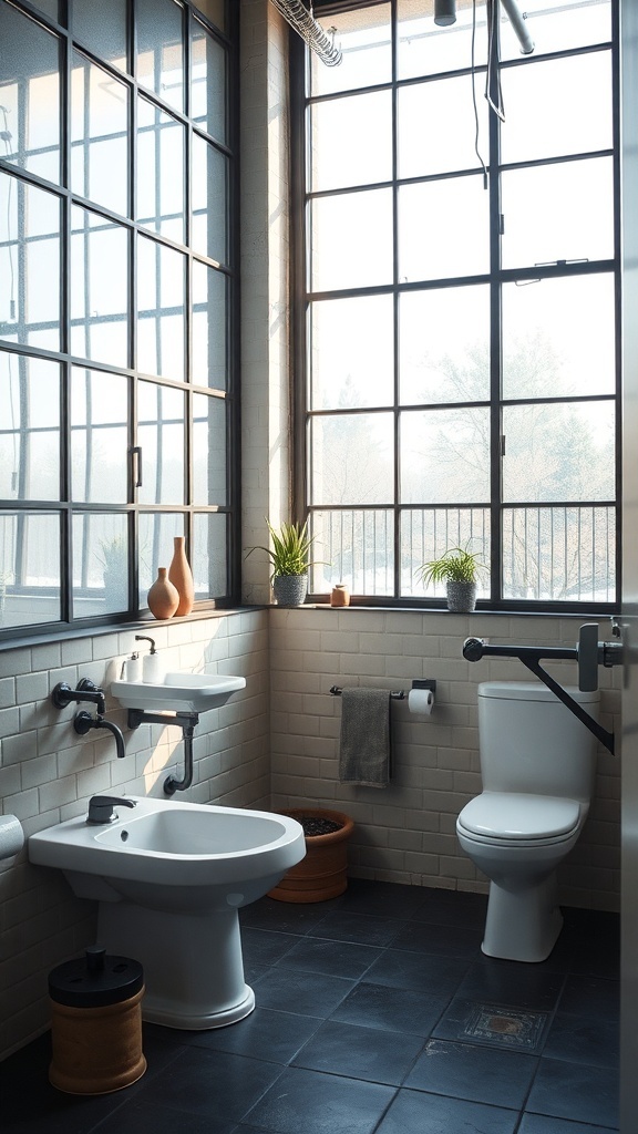 An industrial bathroom with large windows allowing natural light to fill the space.