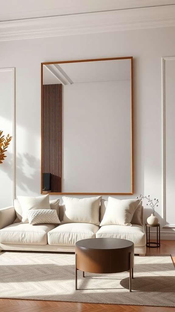A spacious living room featuring an oversized mirror above a light-colored couch, creating a bright and open atmosphere.