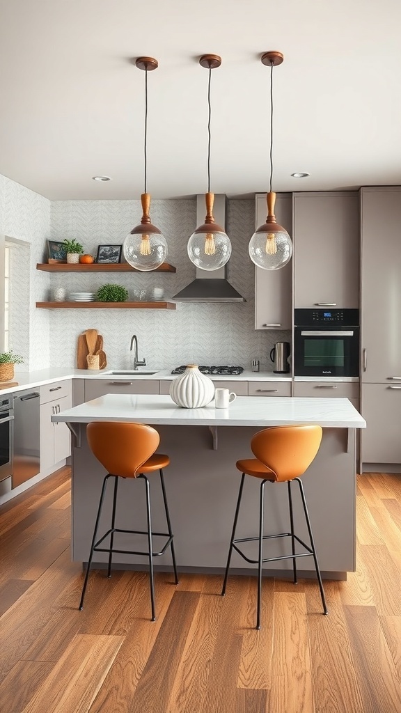 Stylish kitchen with modern bar stools and elegant lighting