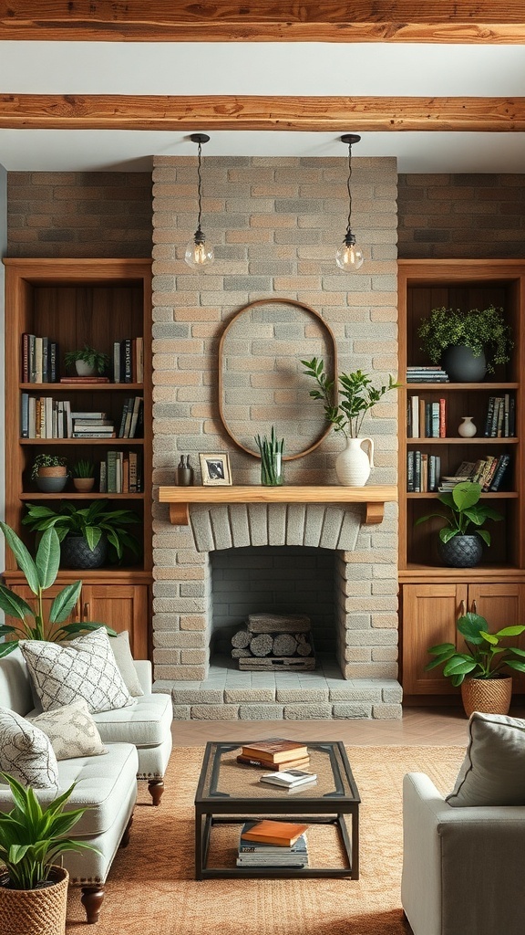 A cozy living room featuring rustic wood shelving units, a brick wall, and comfortable seating.