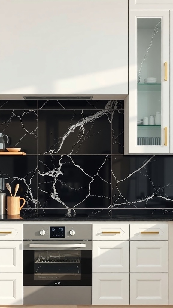 Modern kitchen featuring a black marble backsplash with white veins, white cabinets, and stainless steel appliances.