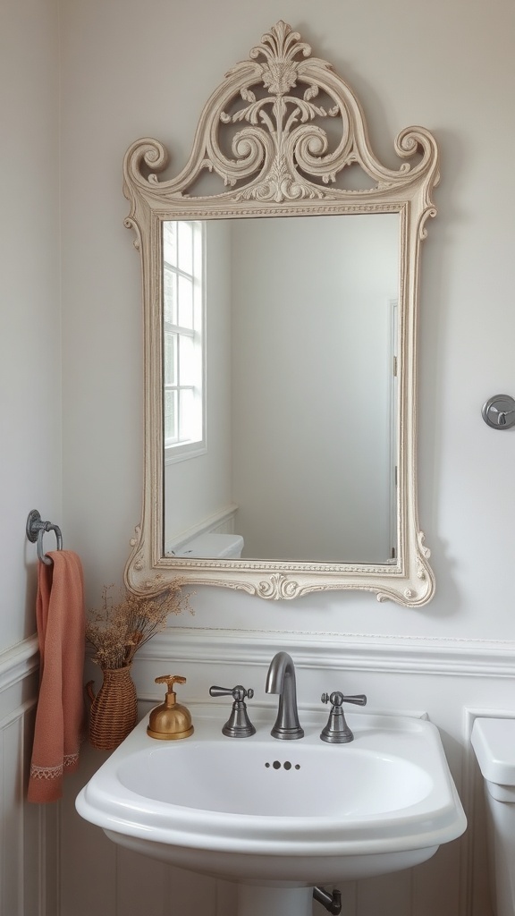 A vintage farmhouse mirror with an ornate frame above a white sink in a bathroom.