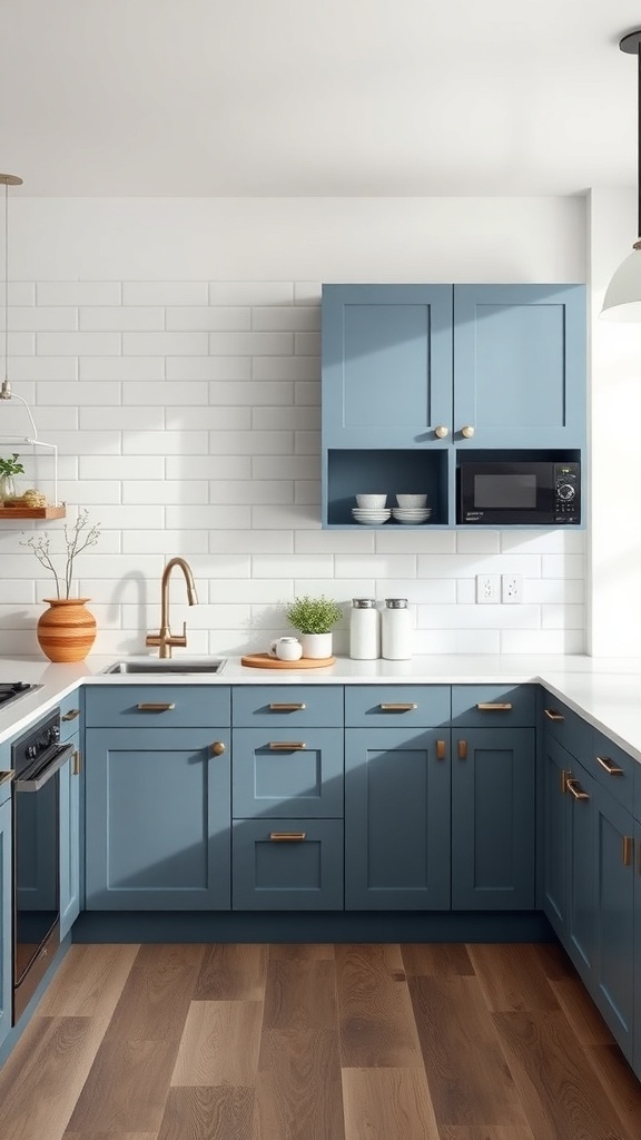 A modern kitchen with muted steel blue cabinets, white subway tile backsplash, and warm wood flooring.