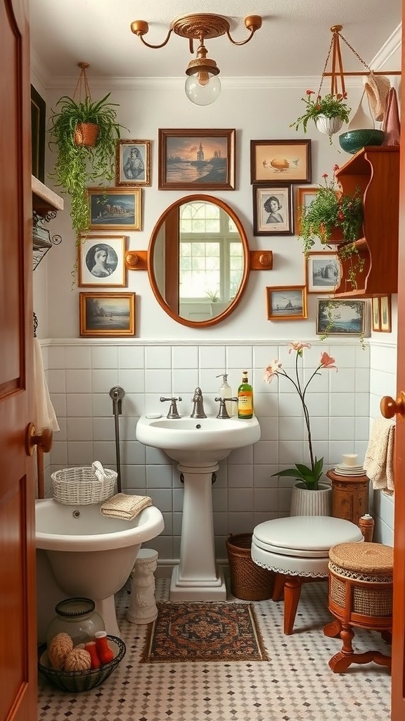 A vintage-style bathroom with eclectic decor, featuring framed pictures, plants, and classic fixtures.