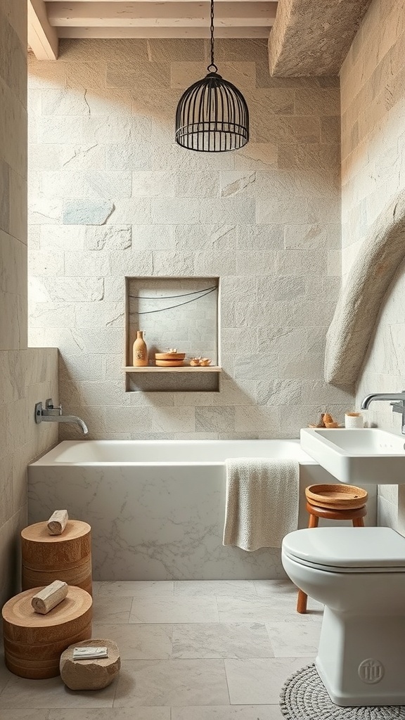 A stylish bathroom featuring natural stone walls, a marble bathtub, wooden stools, and a minimalist design.