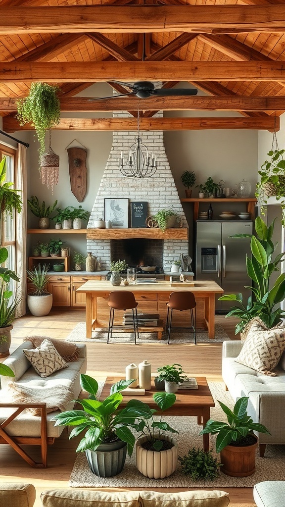 A stylish rustic kitchen and living room combo featuring indoor plants, wood beams, and stone accents.