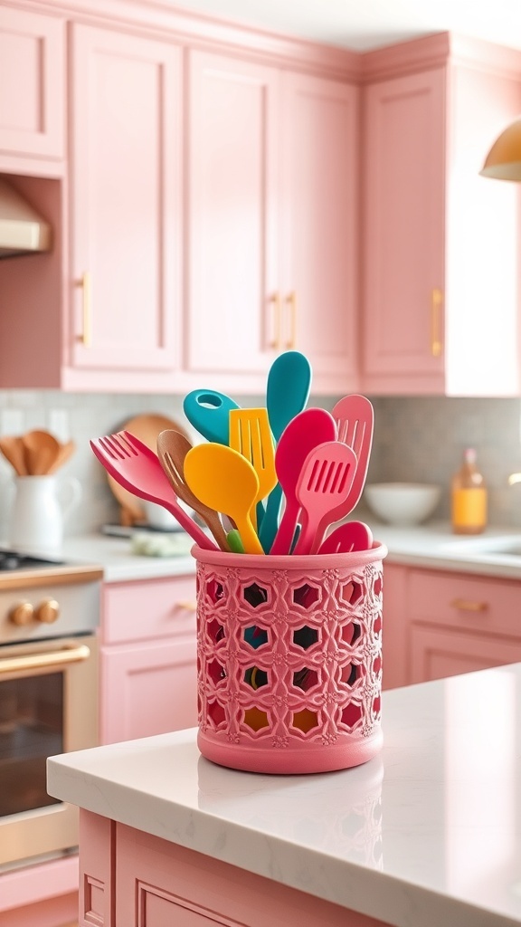 A pink utensil holder filled with colorful cooking utensils in a pink kitchen.