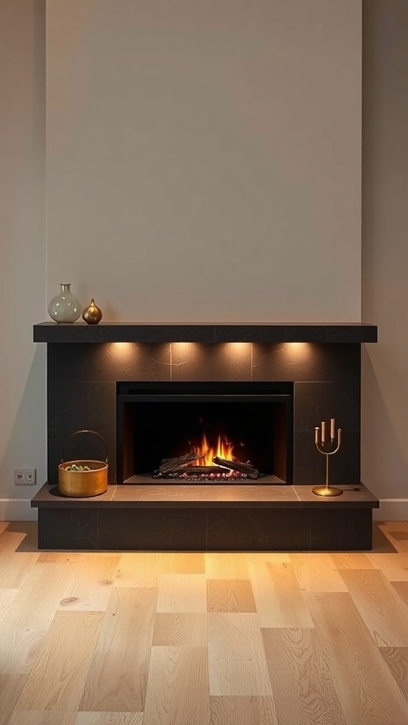 A modern fireplace with integrated lighting features, showcasing a sleek design and warm flames.