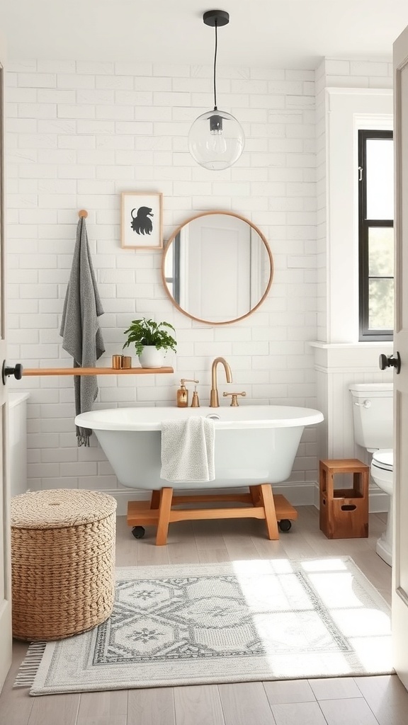 A modern farmhouse bathroom featuring a stylish rug, a freestanding bathtub, and natural decor elements.