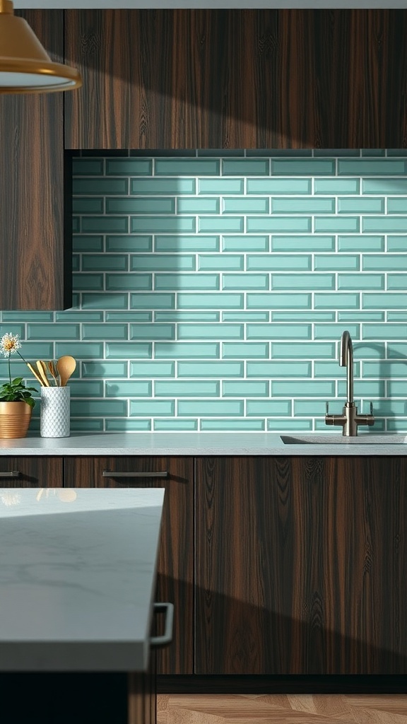 A modern kitchen featuring teal subway tiles as a backsplash, paired with dark wood cabinets and a marble countertop.