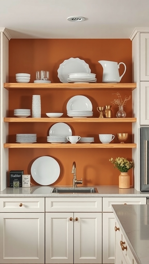 Chic open shelving in a kitchen with white dishware against a warm orange background.