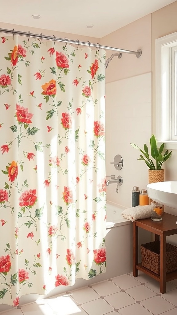 A bright bathroom featuring a floral lightweight shower curtain, a plant, and a wooden shelf.