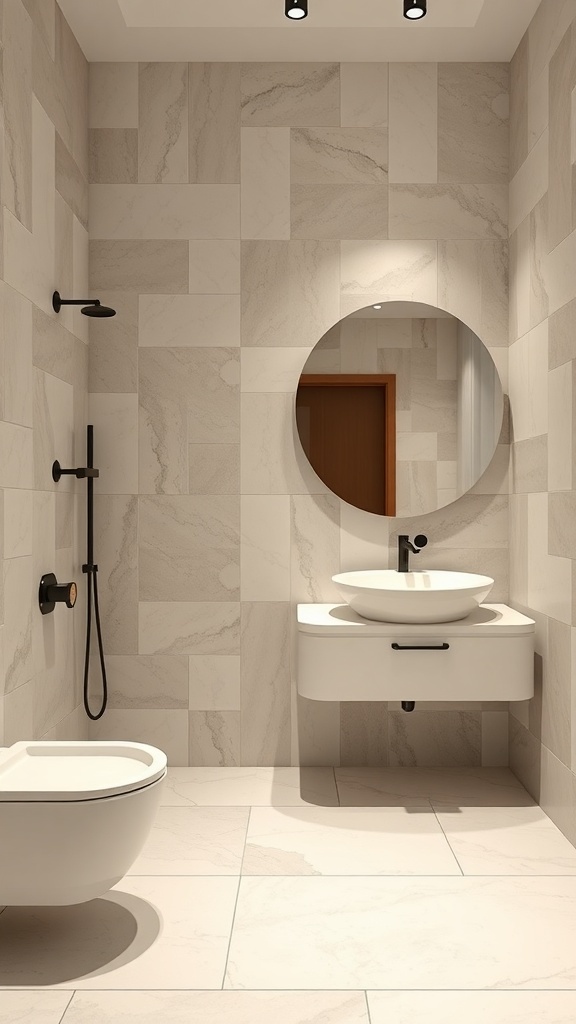 Modern bathroom with geometric patterned tiles and minimalist fixtures