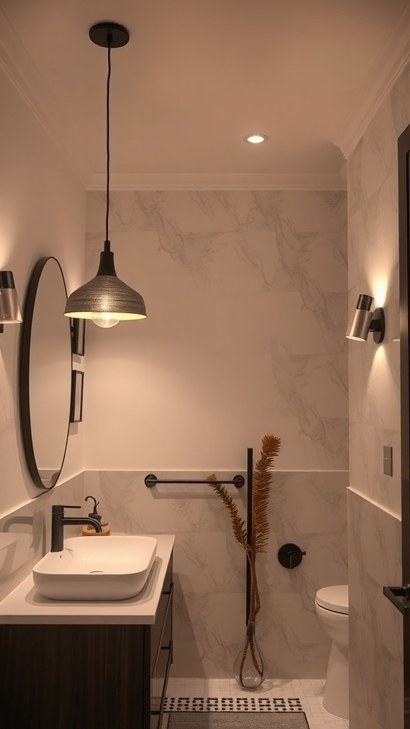A modern bathroom featuring stylish lighting fixtures including a pendant light and wall sconces.