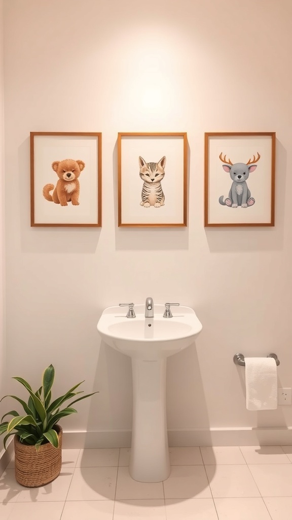 Three whimsical animal prints featuring a puppy, a kitten, and a deer on a bathroom wall.