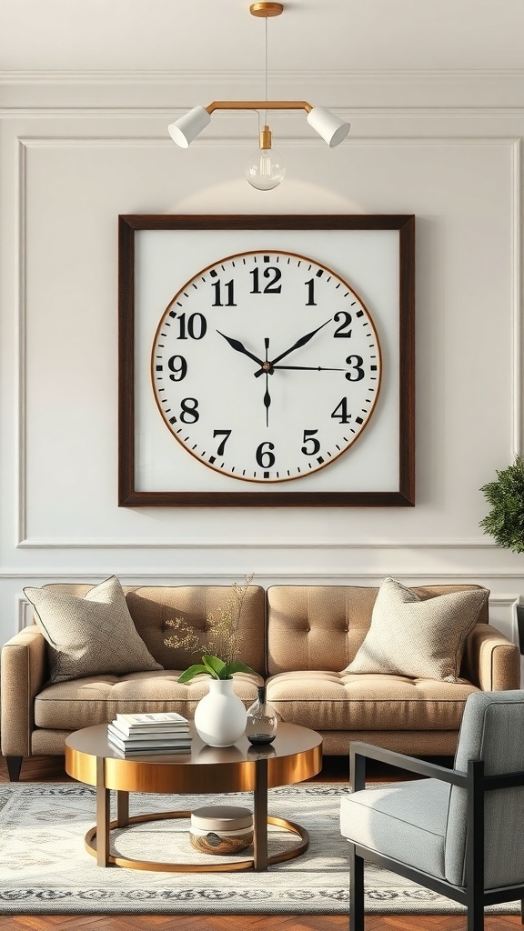 A large framed wall clock above a cozy living room sofa, featuring a modern design with bold numbers.