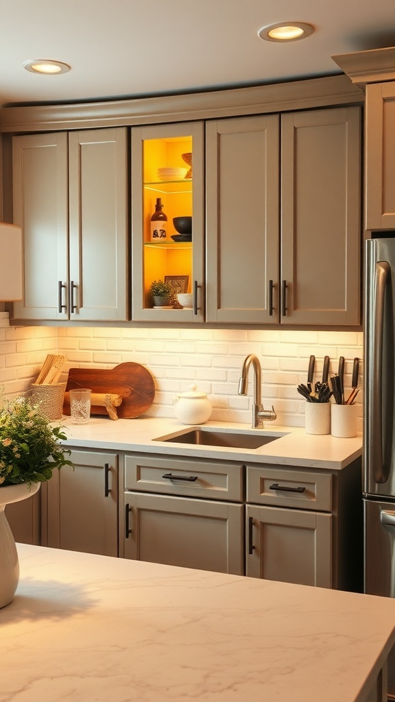 A modern kitchen with under-cabinet lighting showcasing decorative items on shelves.