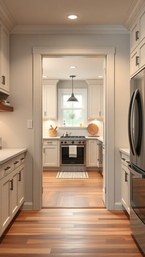 A modern farmhouse kitchen featuring a stylish pantry door and warm wooden flooring.