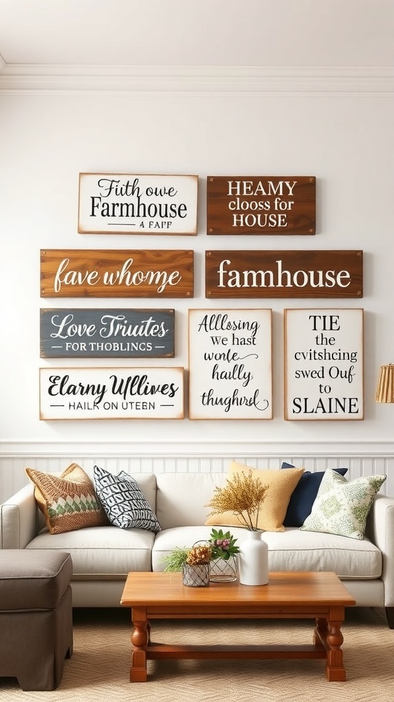 A collection of hand-painted wooden signs displayed on a wall in a farmhouse living room.