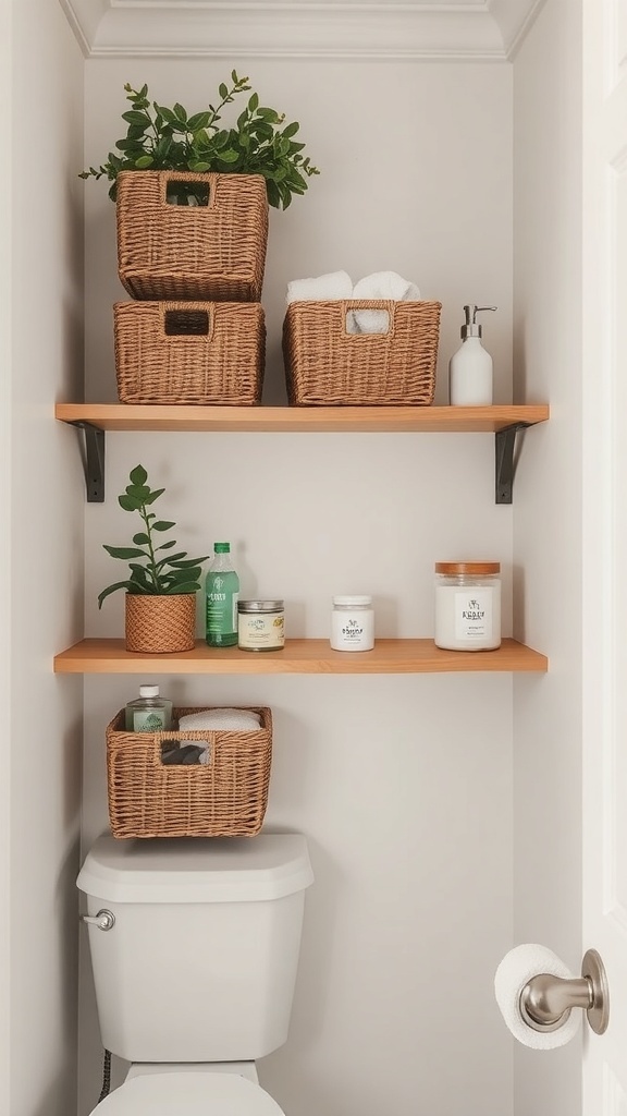 Open bathroom shelves with woven baskets and plants