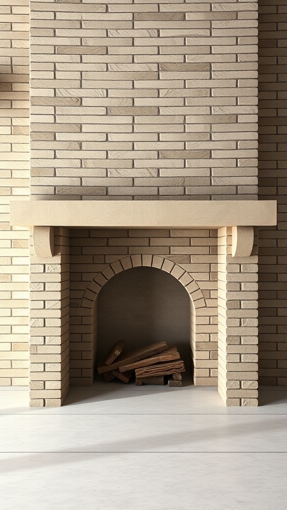 A contemporary minimalist stone brick fireplace with clean lines and a simple mantel.