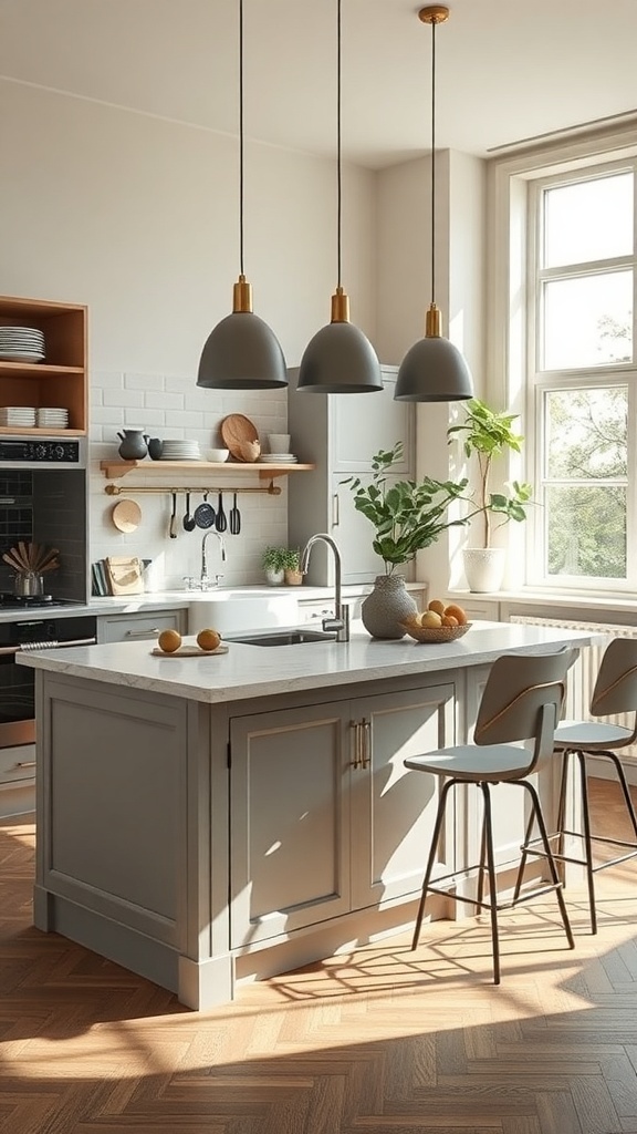 A modern kitchen featuring a multi-functional island with stylish bar stools and pendant lighting.