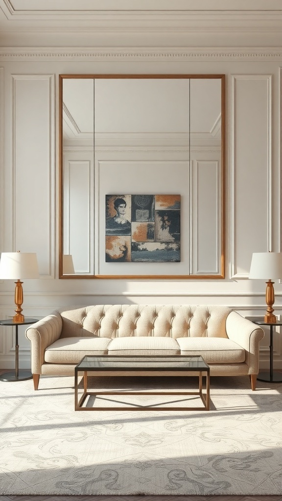 Living room with a mirrored accent panel above a beige couch, featuring lamps and artwork.