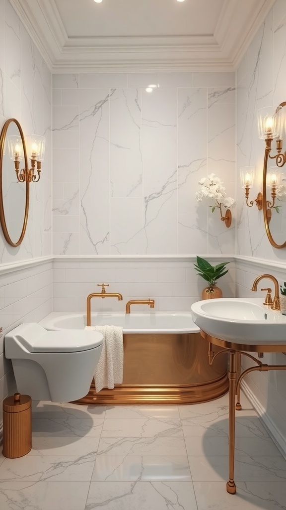A stylish bathroom featuring metallic copper accents, white tiles, and elegant lighting.