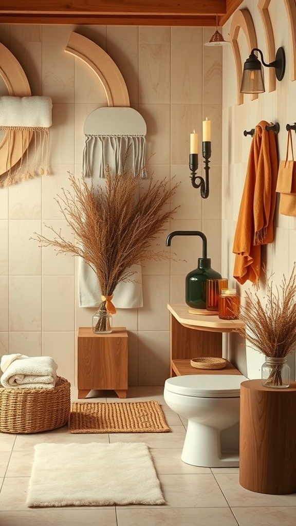 Cozy bathroom decorated with warm earthy tones, wooden accents, and natural textures.