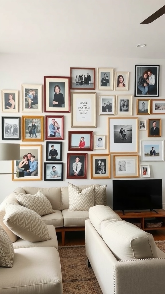 A cozy family room with an eclectic gallery wall featuring various framed photos and art pieces.