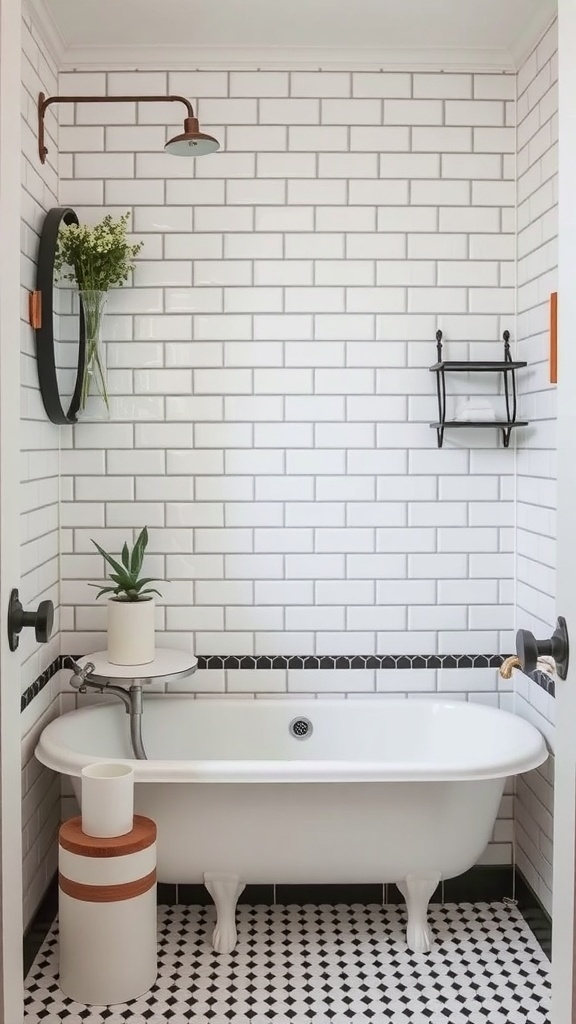 A vintage-style bathroom featuring white subway tiles, a clawfoot tub, and black accents.