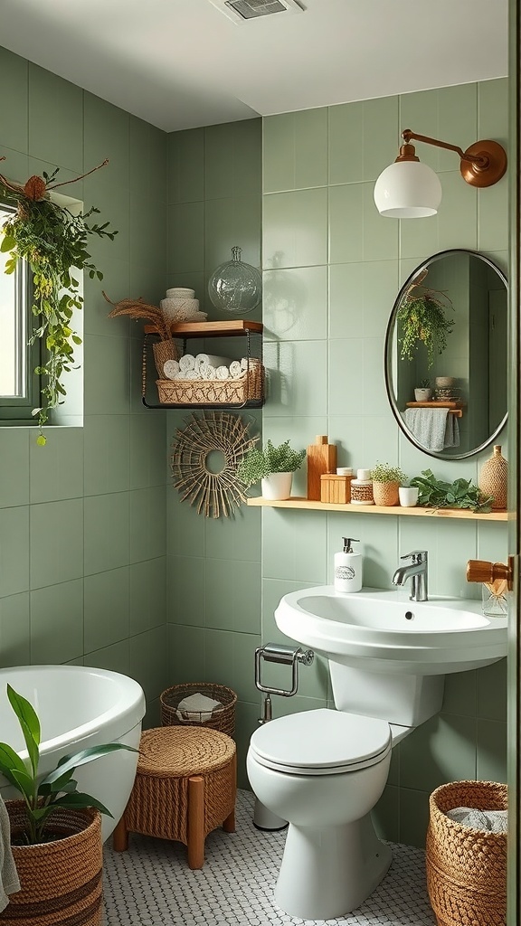 A bathroom with sage green tiles, natural wood accents, and plants.