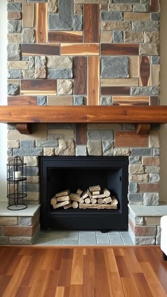 A modern rustic fireplace with stone and wood elements, featuring a black insert and wooden mantel.