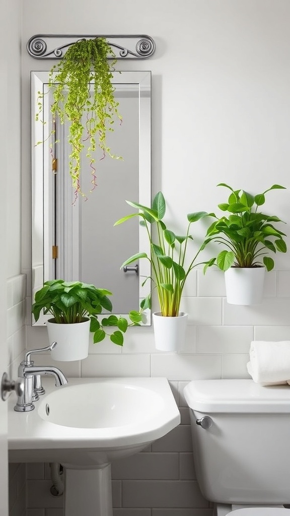 A bathroom with various green plants in DIY holders, enhancing the decor.