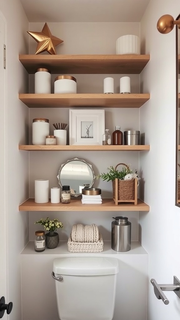 Decorative shelving above a toilet with various containers, a mirror, and a plant.