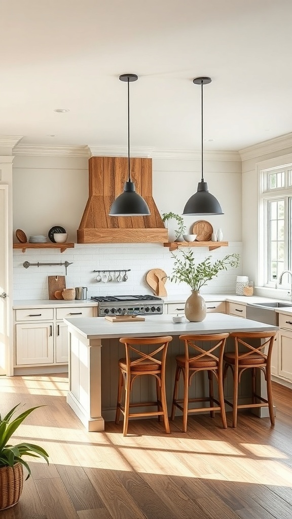 A modern farmhouse kitchen featuring a large island with bar seating, light cabinetry, and warm wood accents.