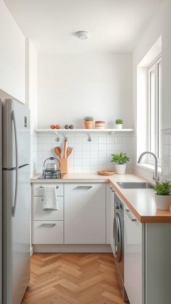 A bright and modern small kitchen featuring a light color palette, compact kitchen island, and smart storage solutions.