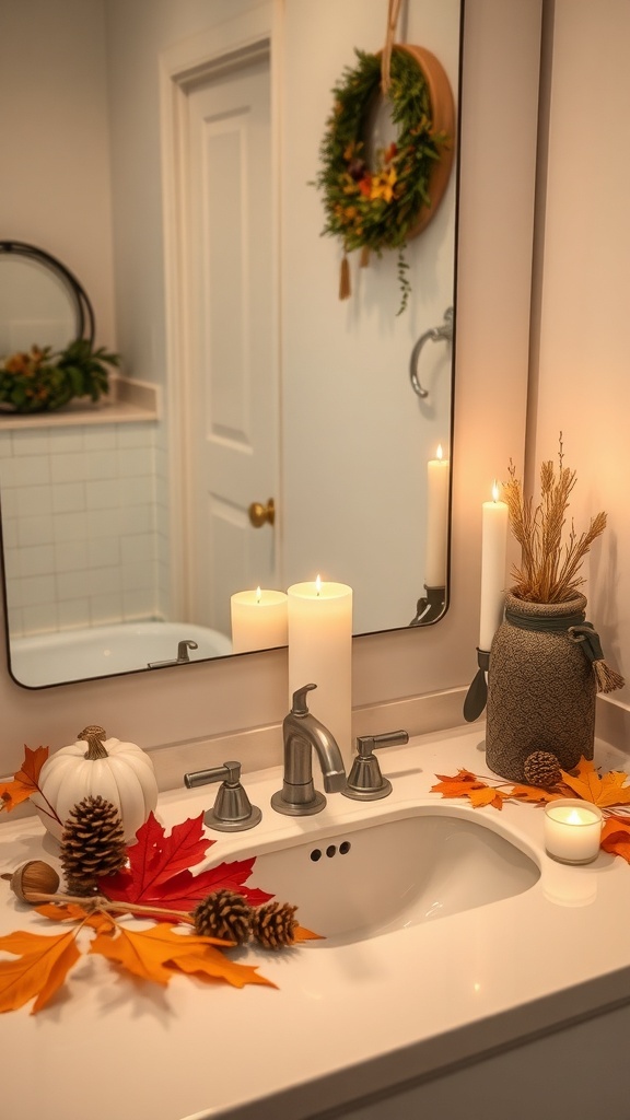 A bathroom sink decorated with scented candles, autumn leaves, and a small pumpkin, creating a cozy fall atmosphere.