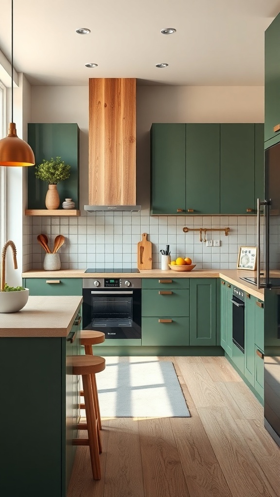 A modern kitchen featuring dark green cabinets with natural wood accents, a light wood countertop, and a bright atmosphere.