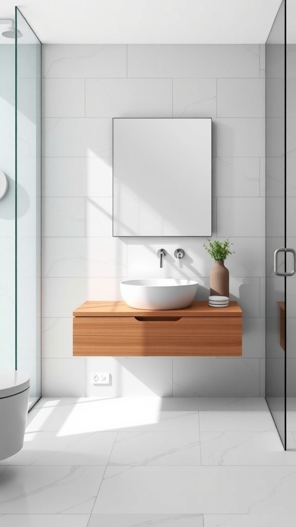 A modern bathroom featuring a floating vanity with a round sink and a small plant.