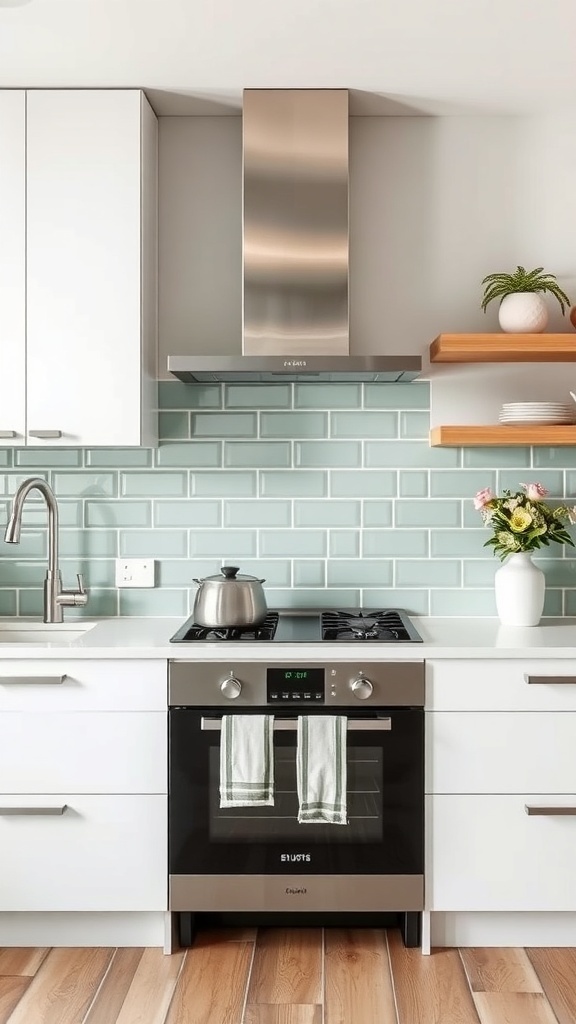 Modern kitchen with sage green glass backsplash, white cabinets, and wooden shelves